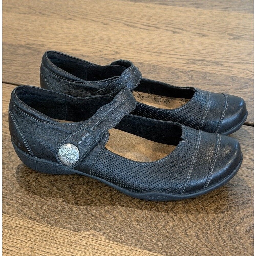 Taos Bravo Black Leather Mary Jane Walking Shoes Women’s Sz 8W Strap Medallion